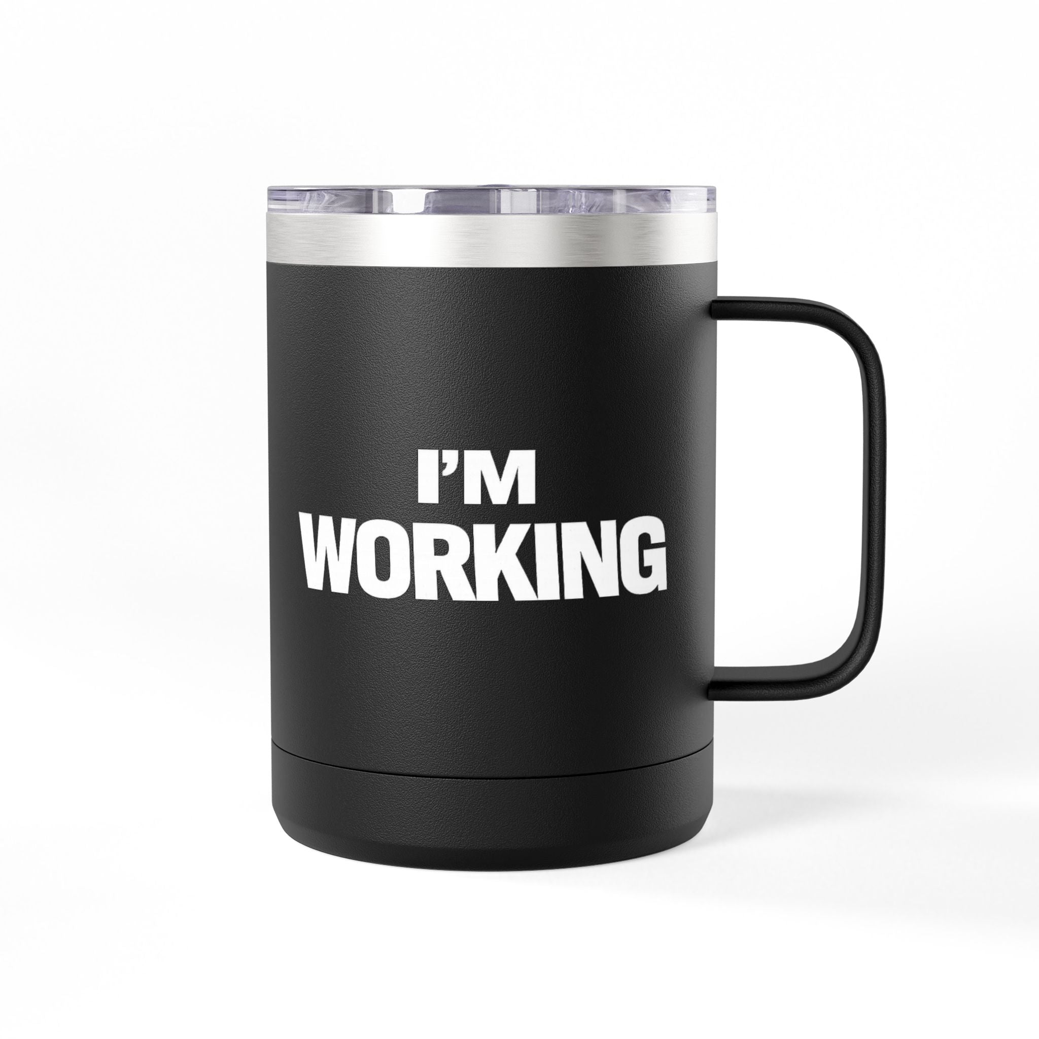Black mug with 'I'm Working' text on a white background