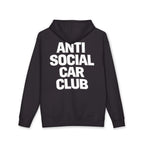 Black hoodie with 'Anti Social Car Club' text on the back against a white background