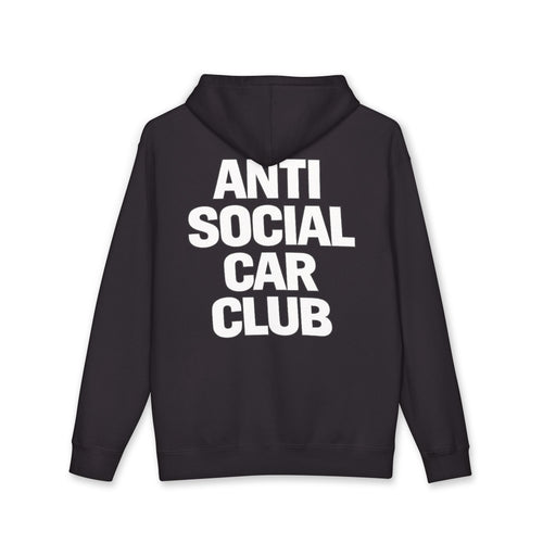 Black hoodie with 'Anti Social Car Club' text on the back against a white background