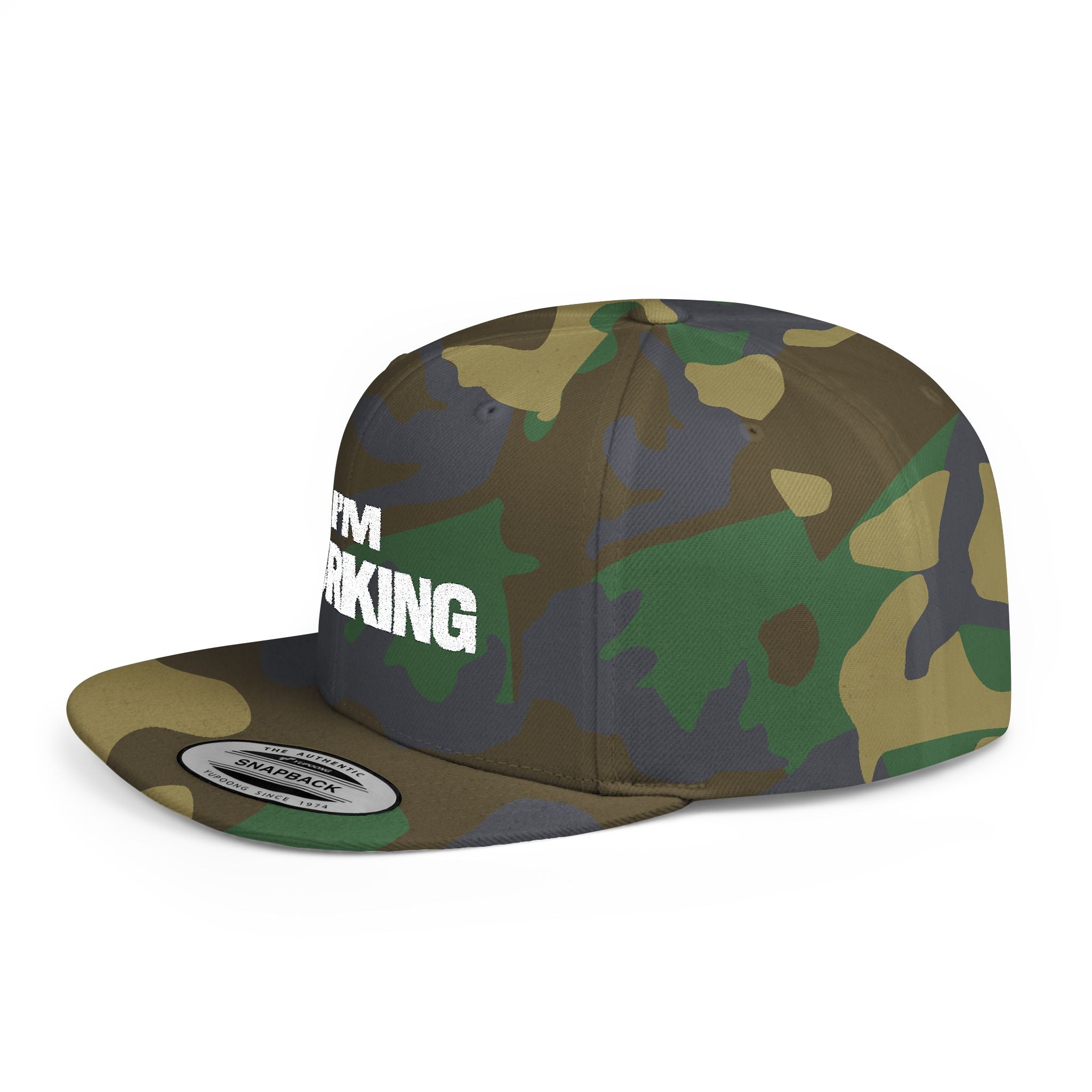 Camouflage cap with white logo on a white background