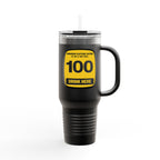 Black travel mug with a yellow label on a white background