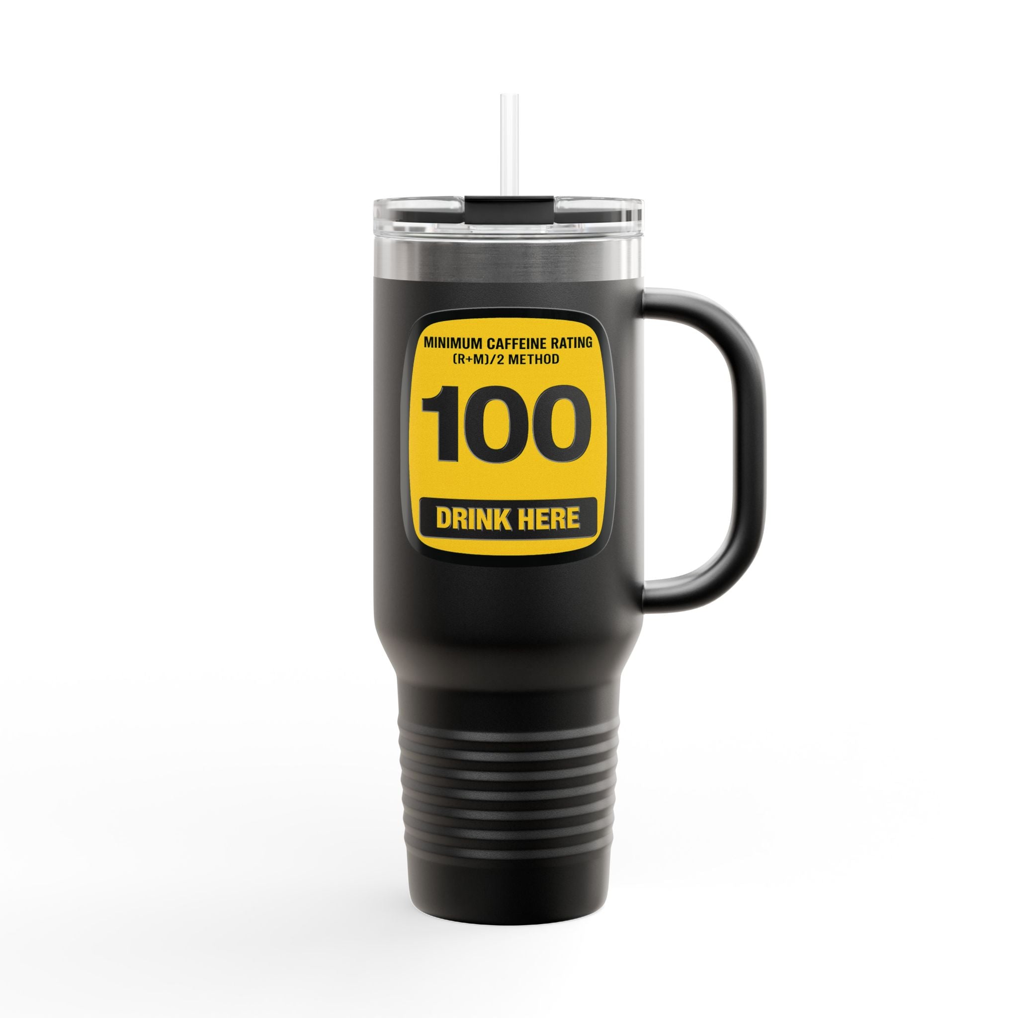 Black travel mug with a yellow label on a white background