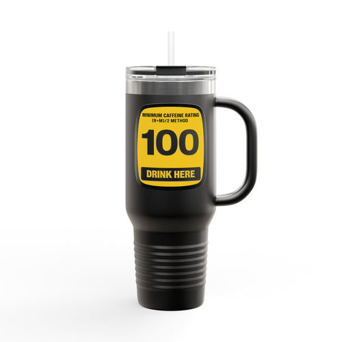 Black travel mug with a yellow label on a white background