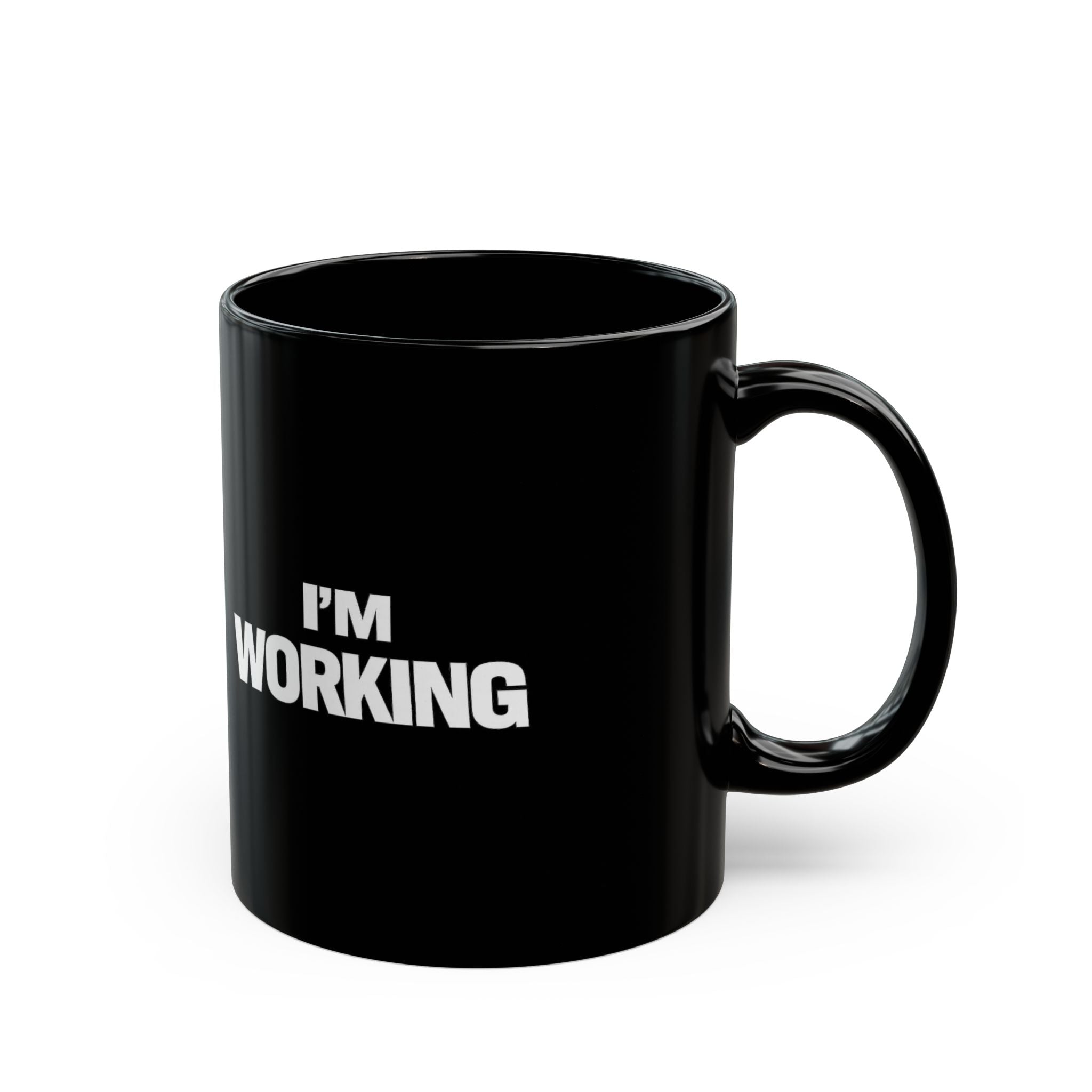 Black mug with 'I'm Working' text on a white background