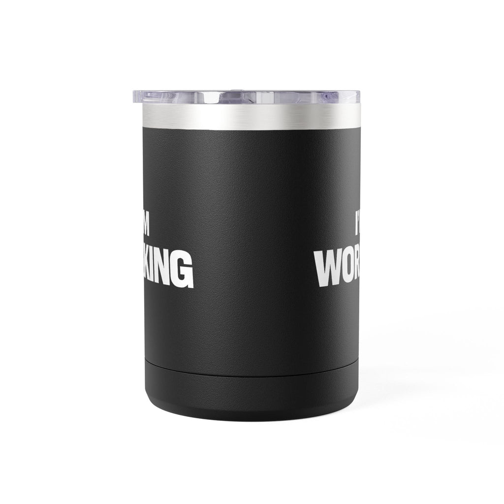 Black tumbler with 'I'm Working' text on a white background