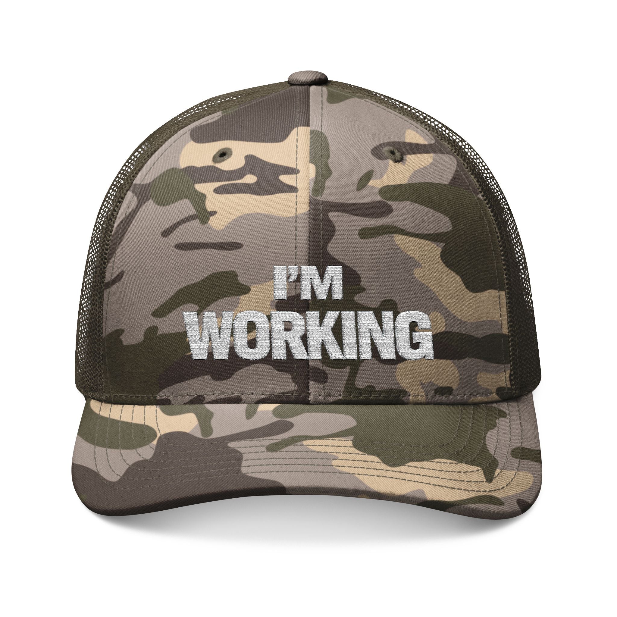 Camouflage cap with 'I'm Working' text on a white background