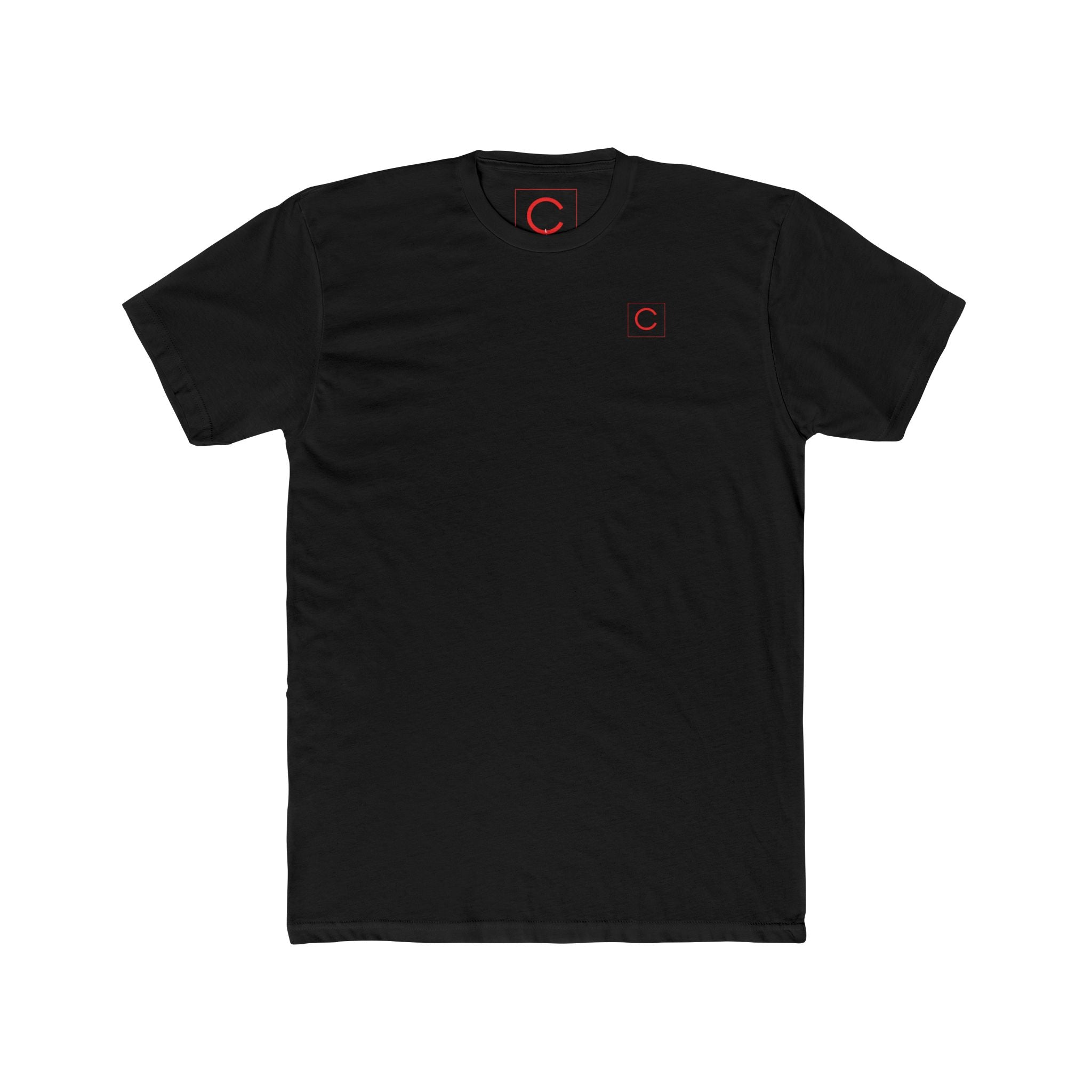 Black t-shirt with red logo on a white background