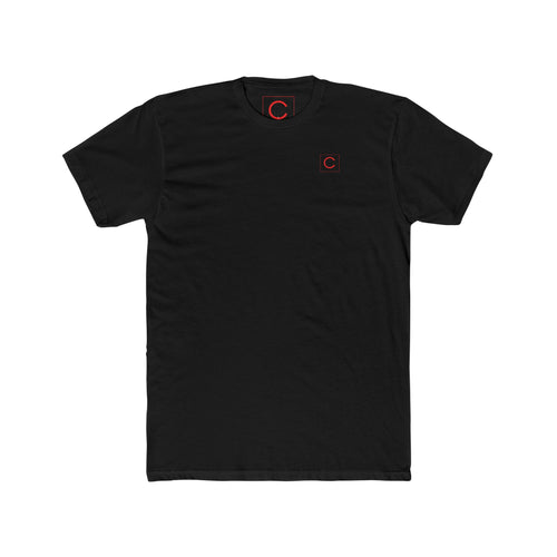 Black t-shirt with red logo on a white background