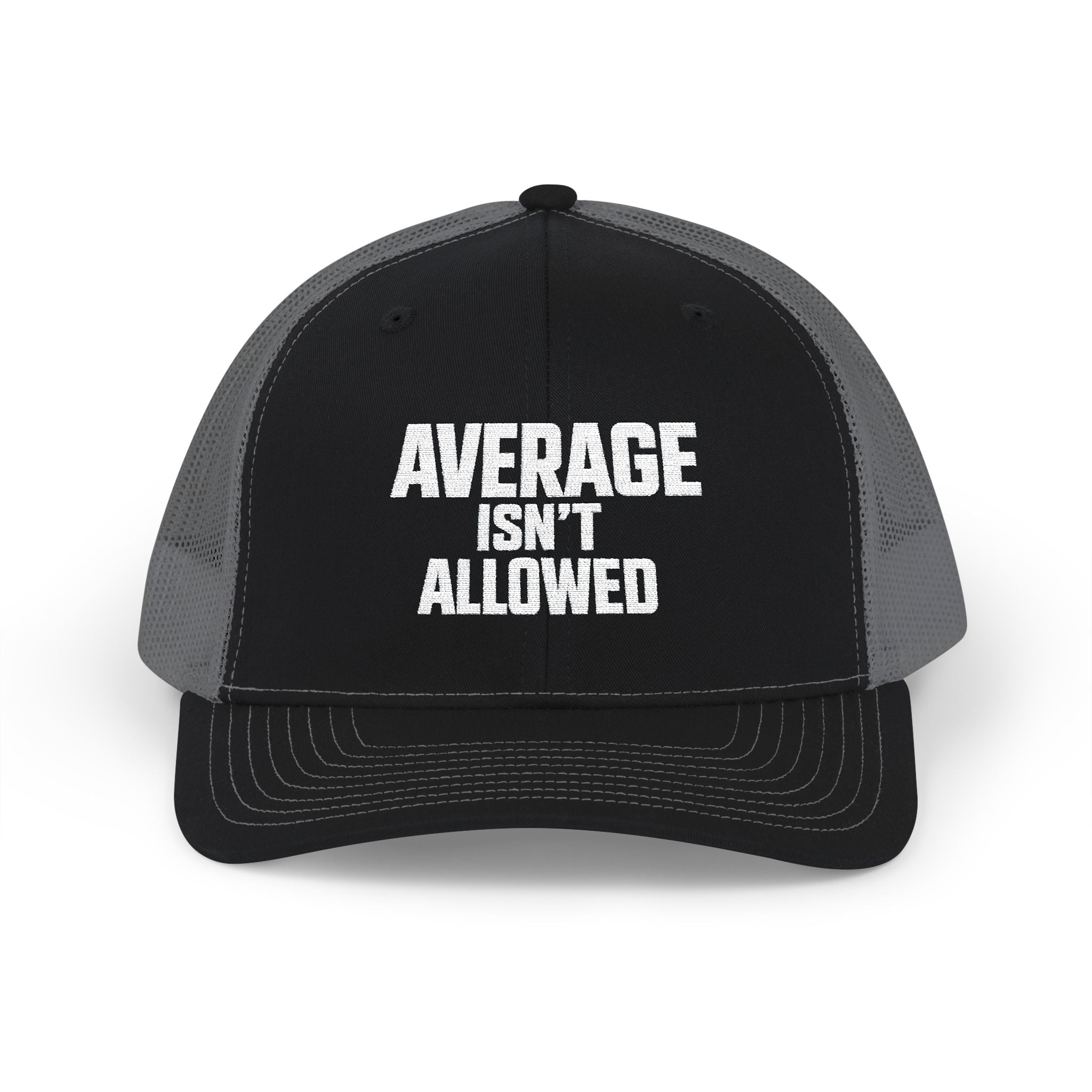 Black cap with 'Average Isn't Allowed' text on a white background
