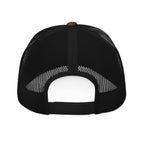 Black mesh cap with a brown button on a white background