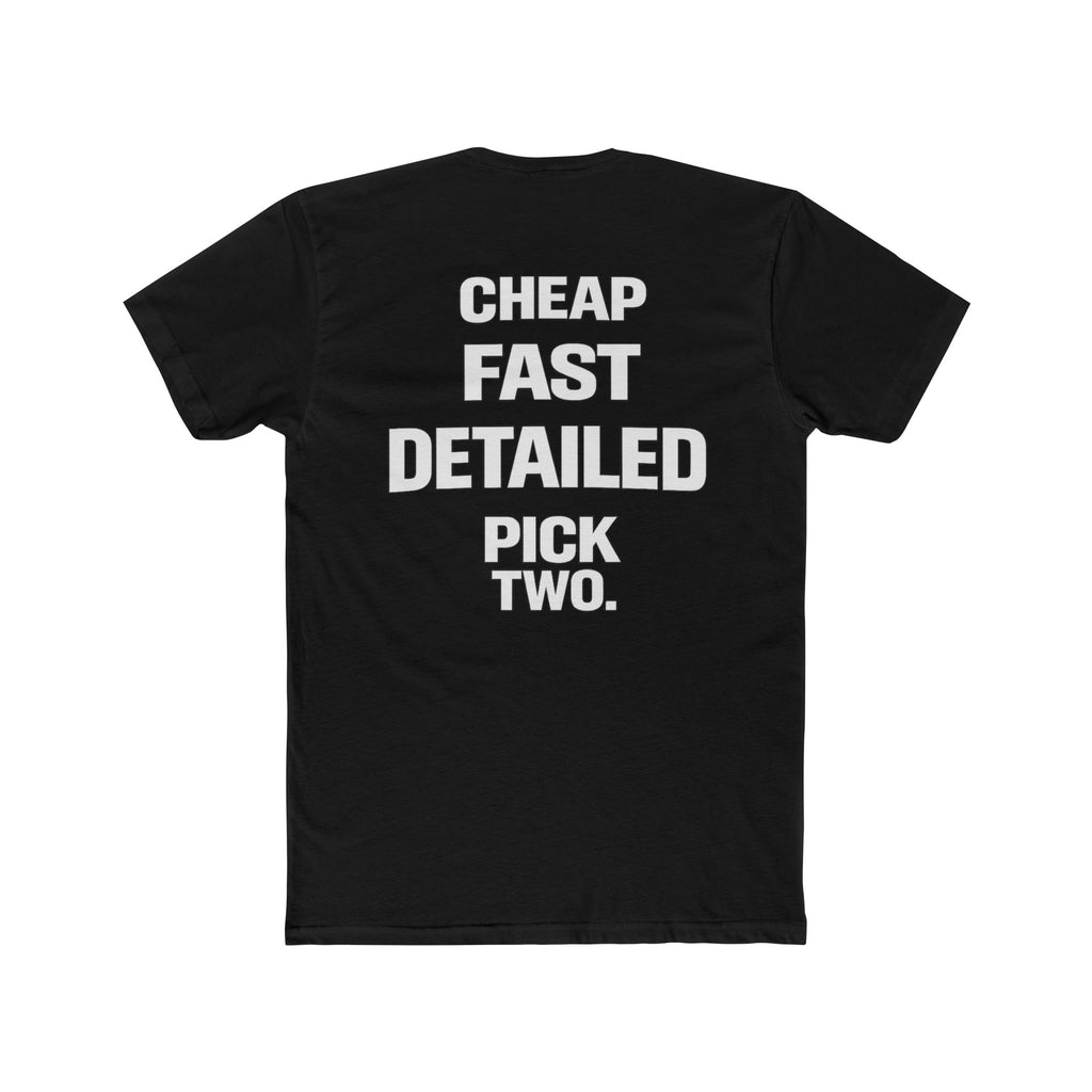 Black t-shirt with white text on a white background