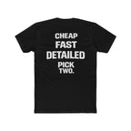 Black t-shirt with white text on a white background