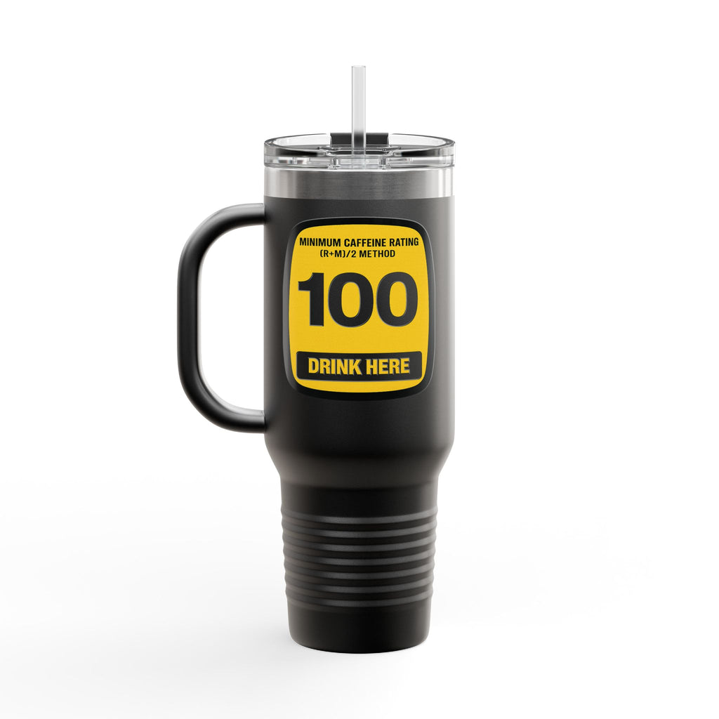 Black travel mug with yellow label on a white background