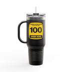 Black travel mug with yellow label on a white background