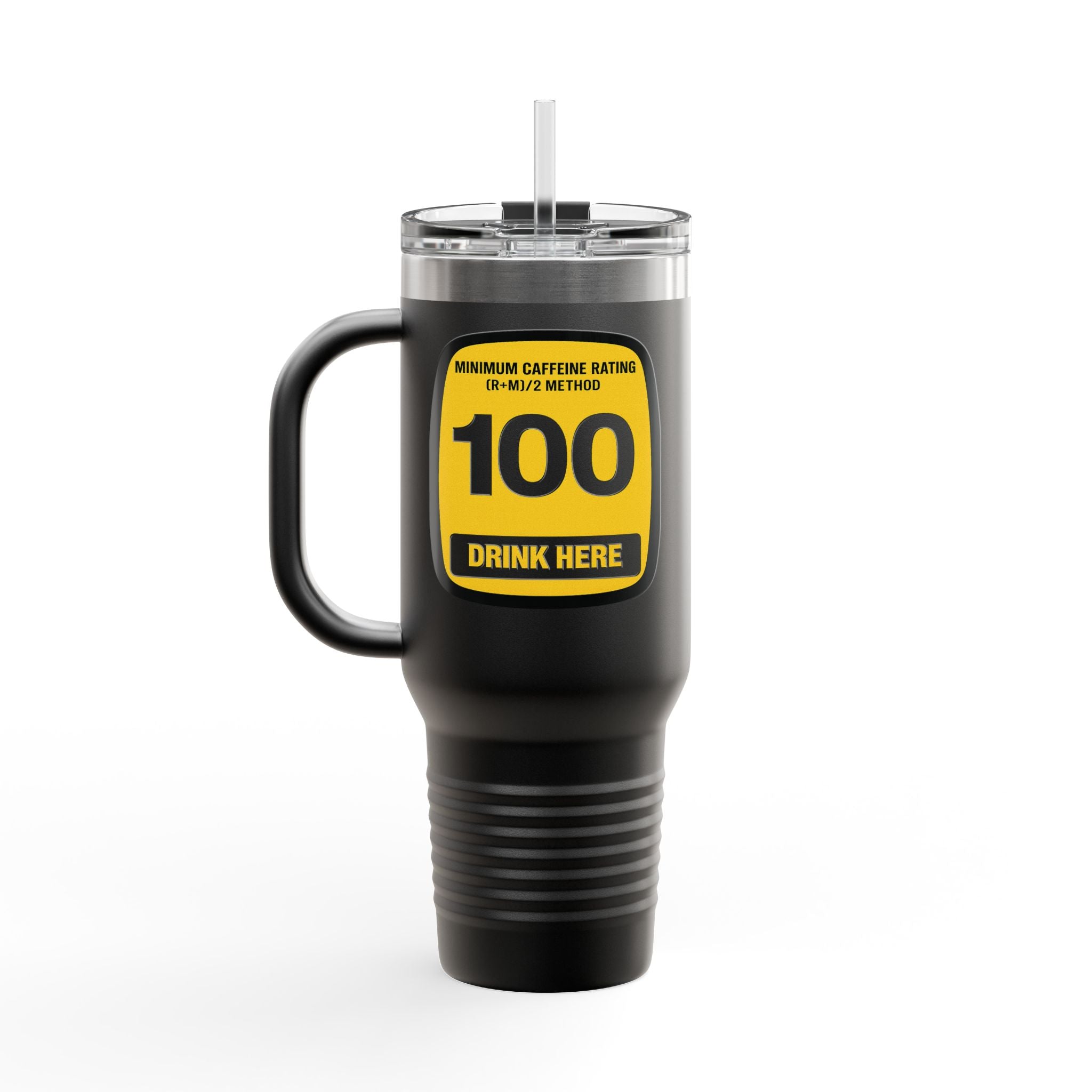 Black travel mug with yellow label on a white background
