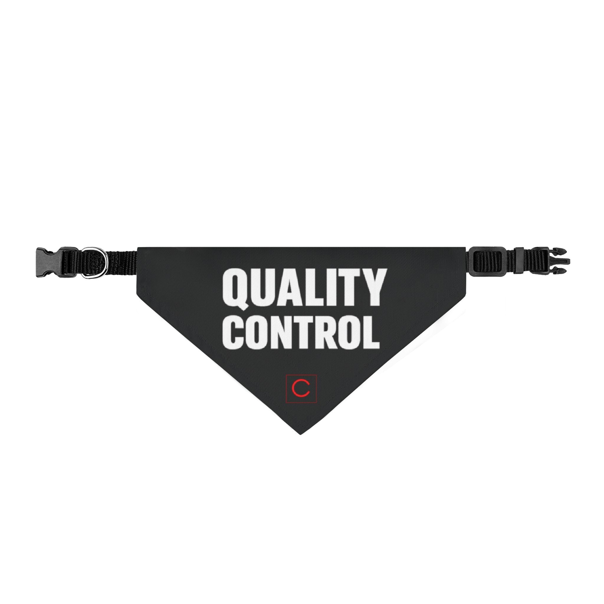 Black bandana with 'QUALITY CONTROL' text on a white background