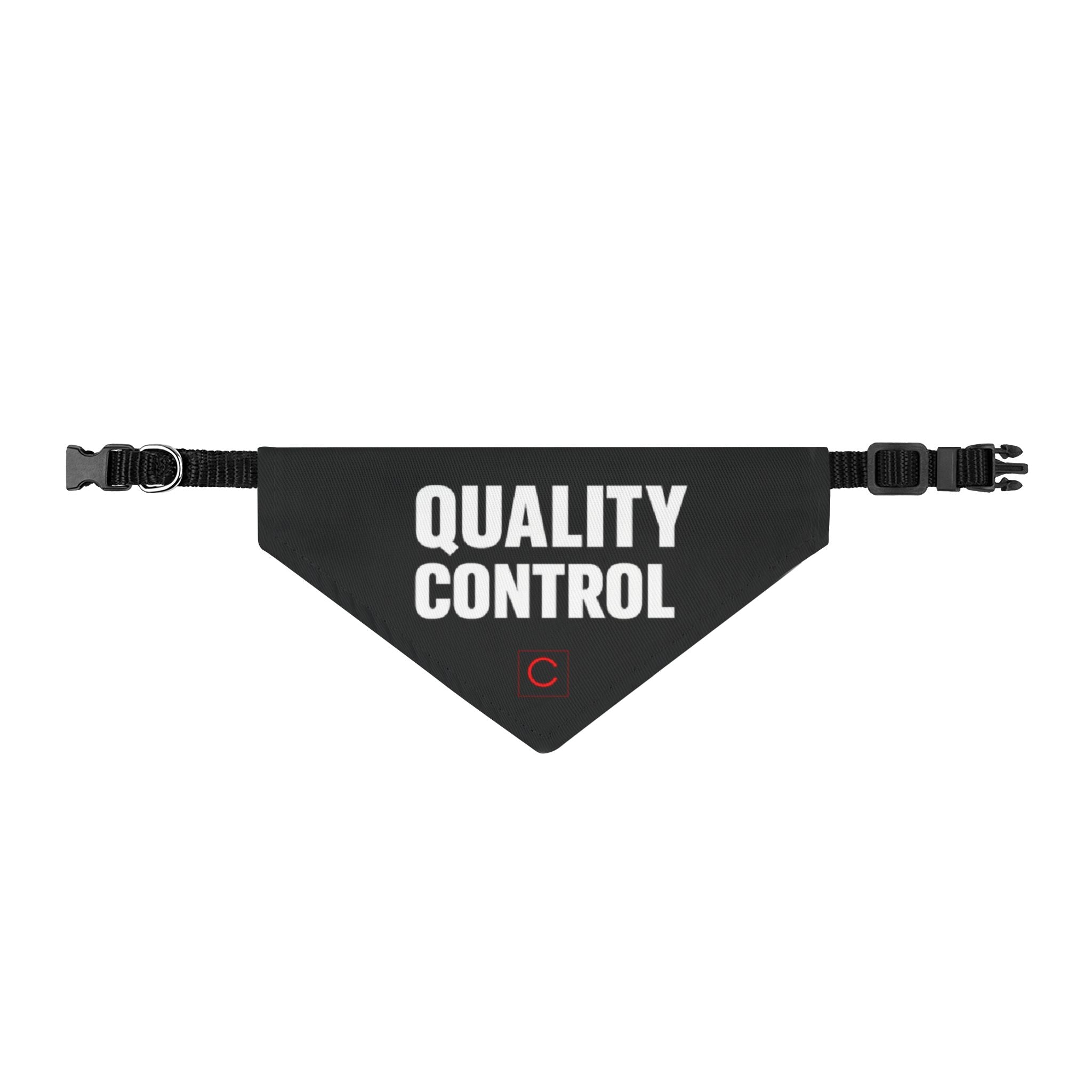 Black dog bandana with 'QUALITY CONTROL' text on a white background