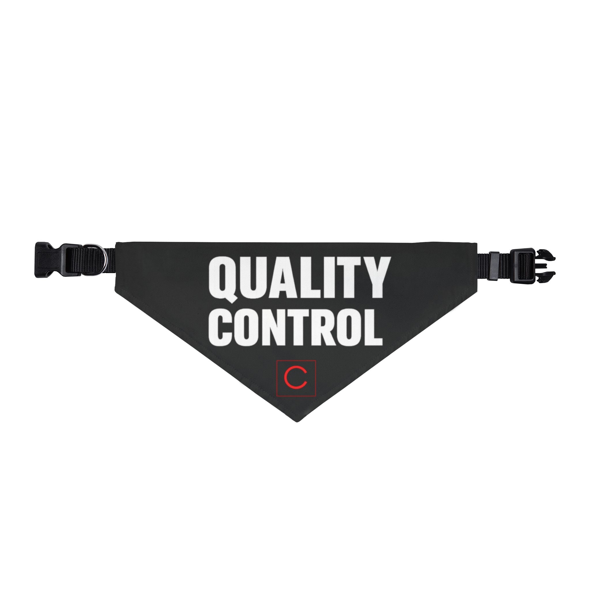 Black bandana with 'QUALITY CONTROL' text on a white background