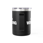 Black tumbler with white car illustrations on a white background