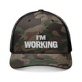 Camouflage cap with 'I'm Working' text on a white background