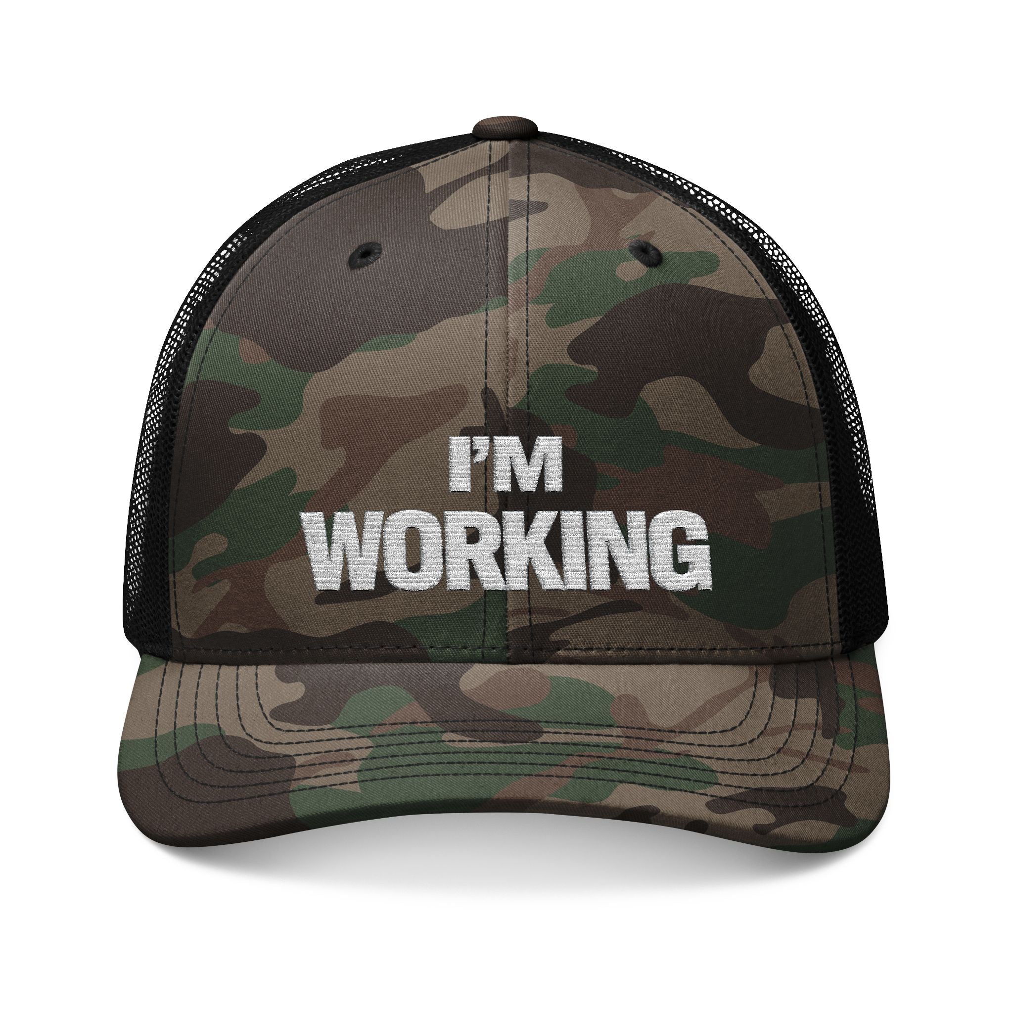 Camouflage cap with 'I'm Working' text on a white background