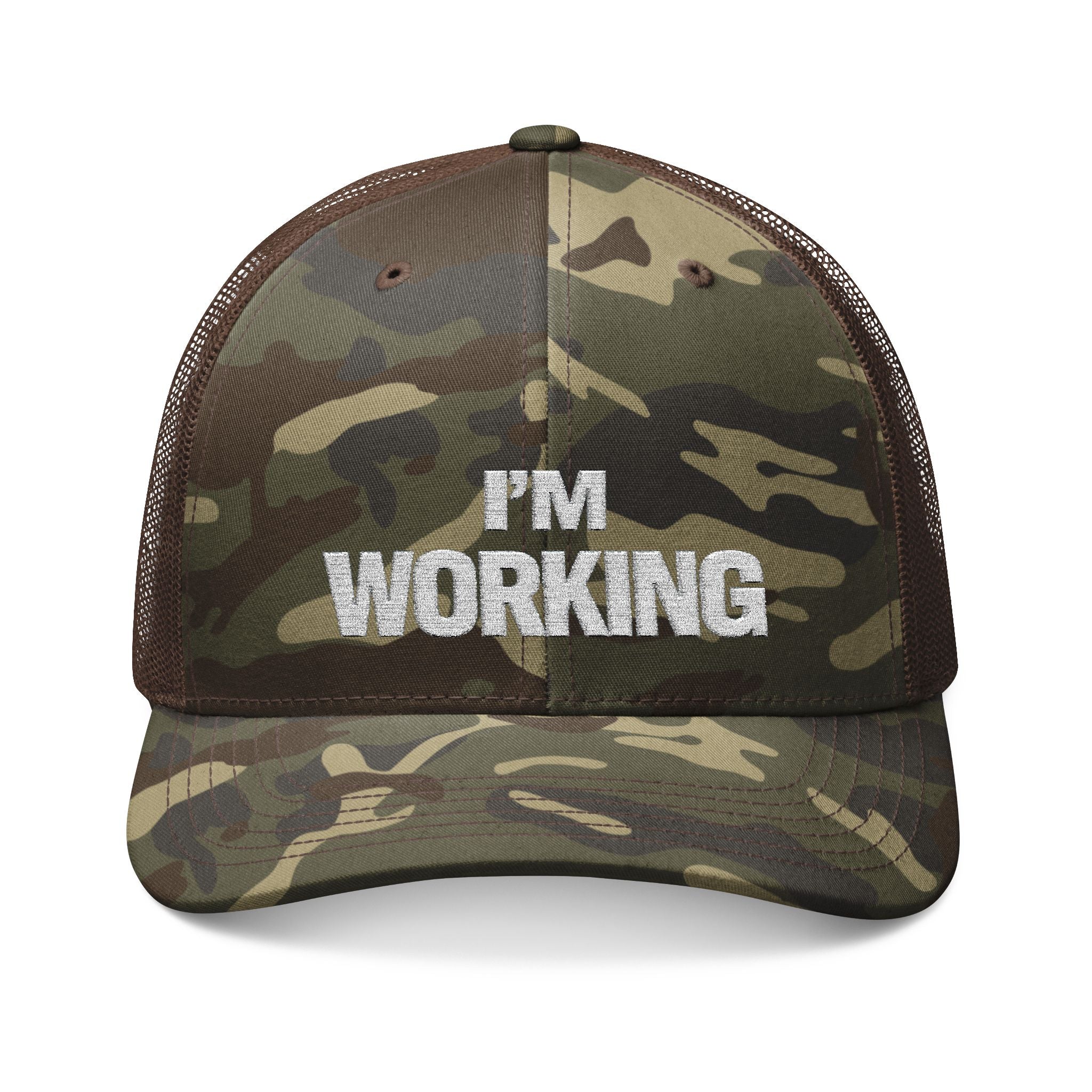 Camouflage cap with 'I'm Working' text on a white background