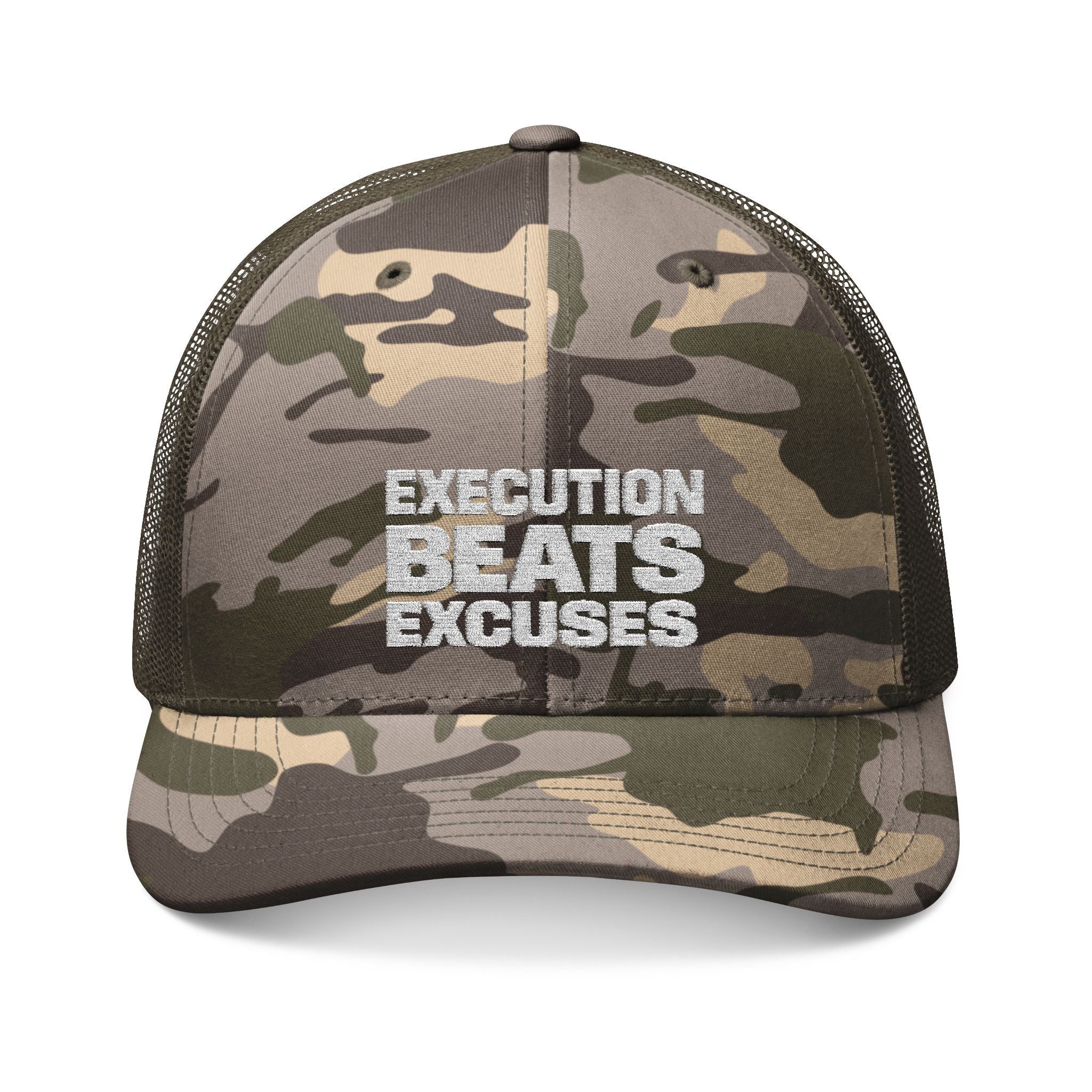 Camouflage cap with 'Execution Beats Excuses' text on a white background