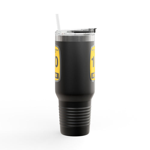 Black tumbler with gold abstract design on a white background