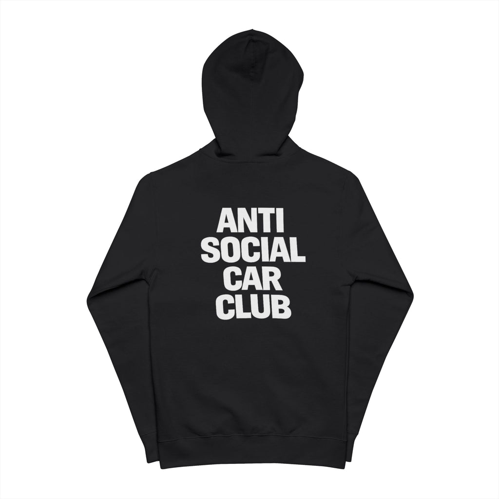 Black hoodie with 'Anti Social Car Club' text on a white background