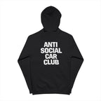 Black hoodie with 'Anti Social Car Club' text on a white background