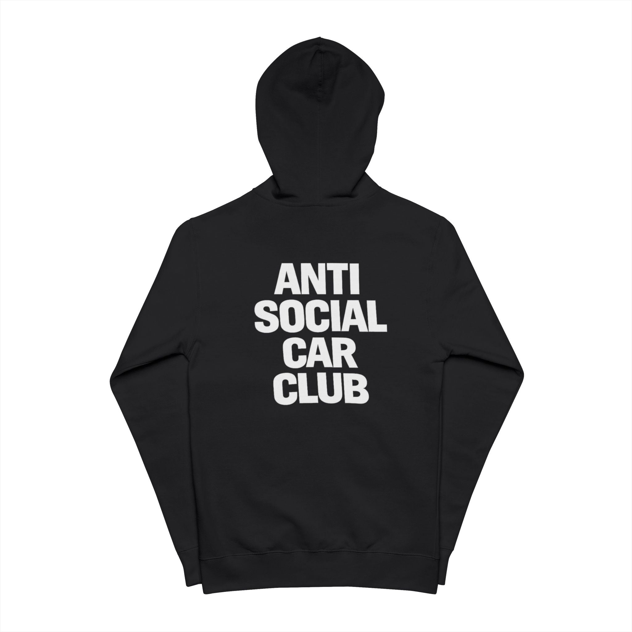Black hoodie with 'Anti Social Car Club' text on a white background