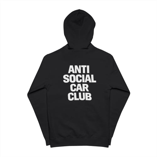 Black hoodie with 'Anti Social Car Club' text on a white background