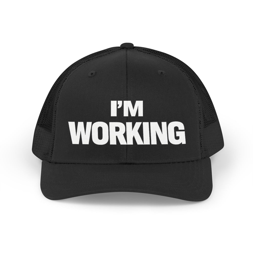 Black cap with 'I'm Working' text on a white background