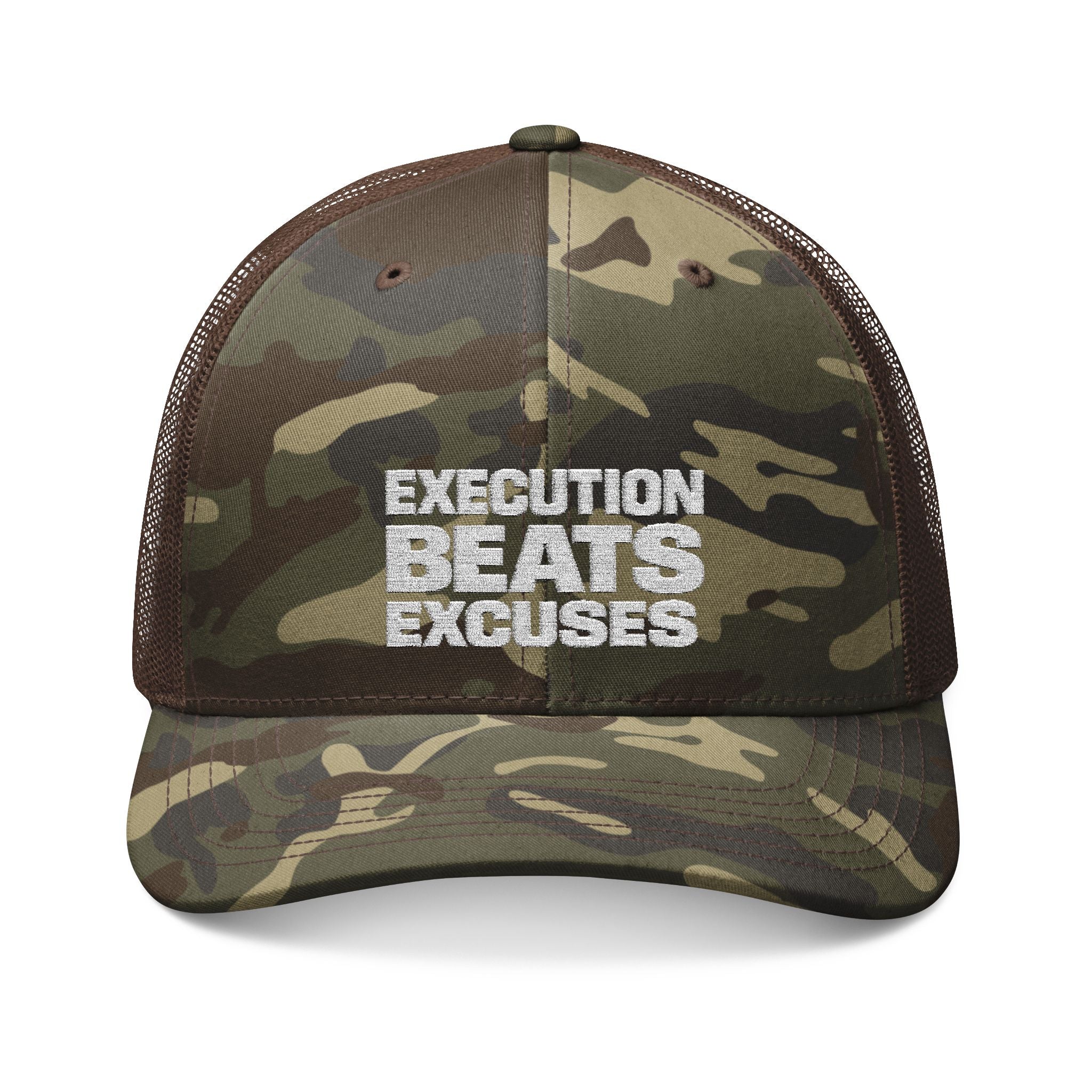 Camouflage cap with 'Execution Beats Excuses' text on a white background