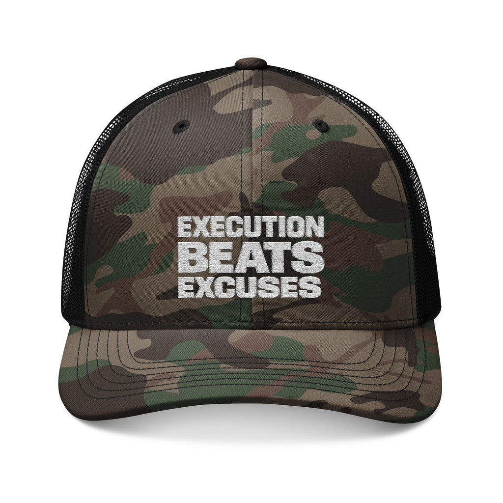 Camouflage cap with 'Execution Beats Excuses' text on a white background