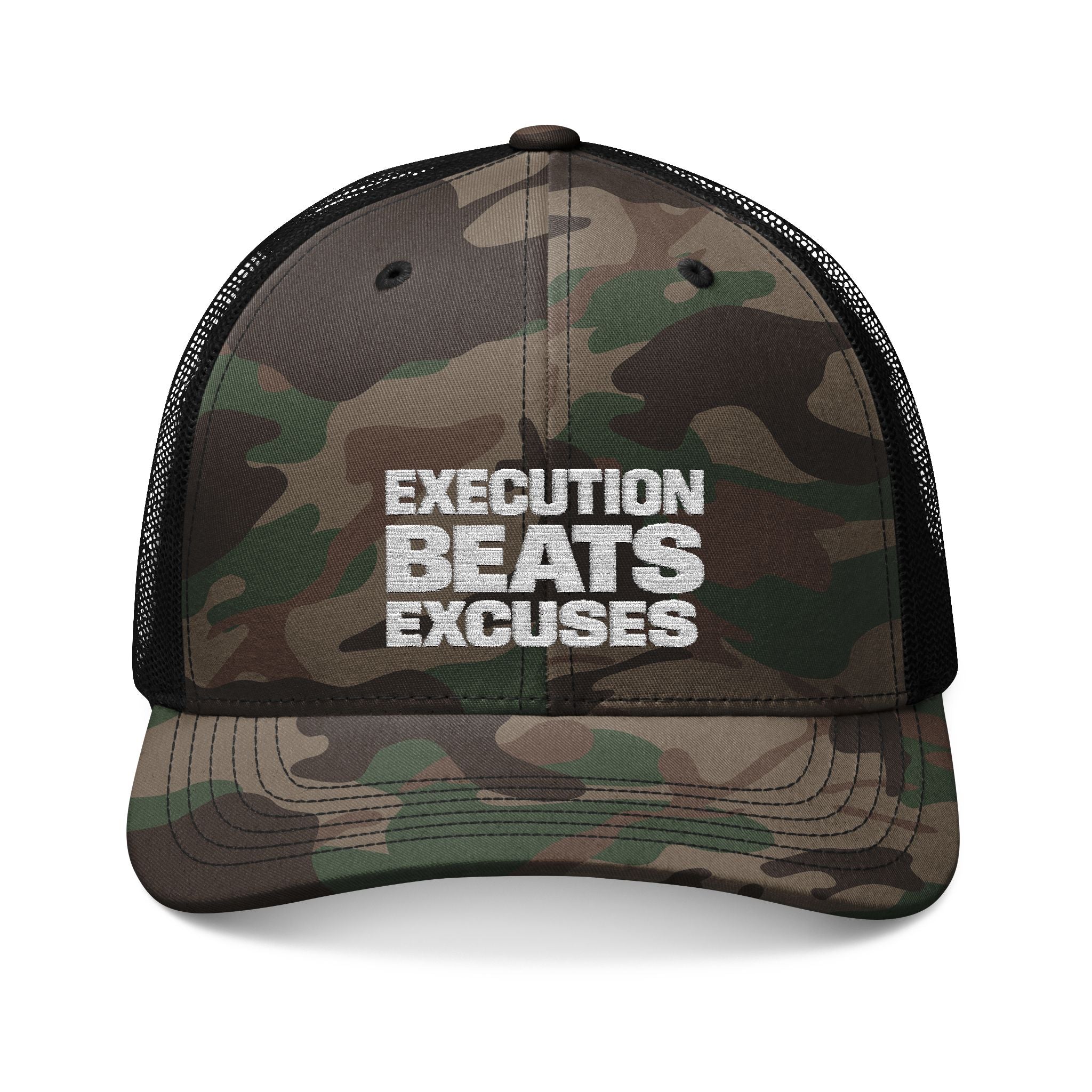 Camouflage cap with 'Execution Beats Excuses' text on a white background