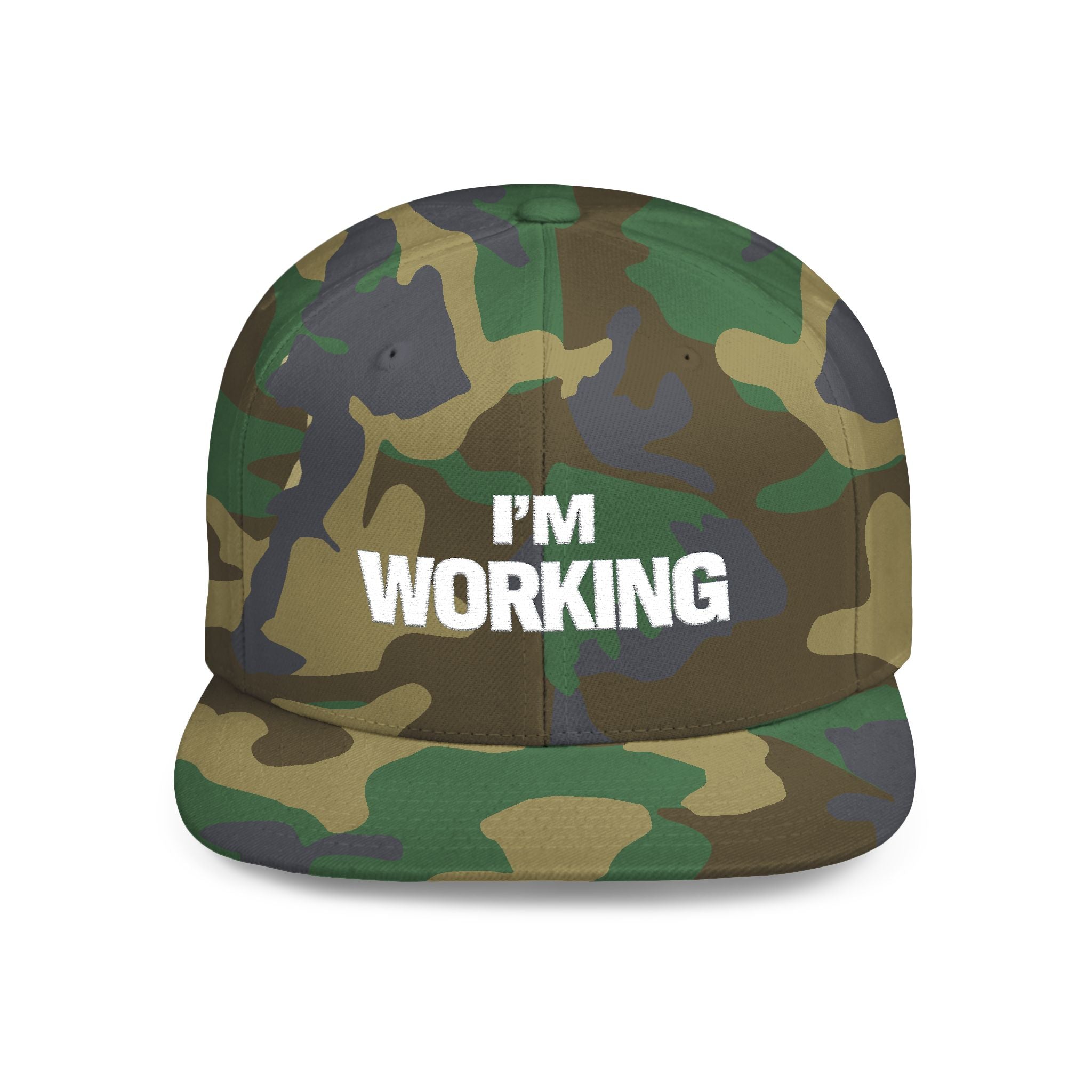 Camouflage cap with 'I'm Working' text on a white background