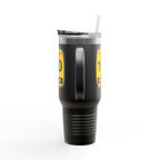 Black tumbler with yellow label on a white background